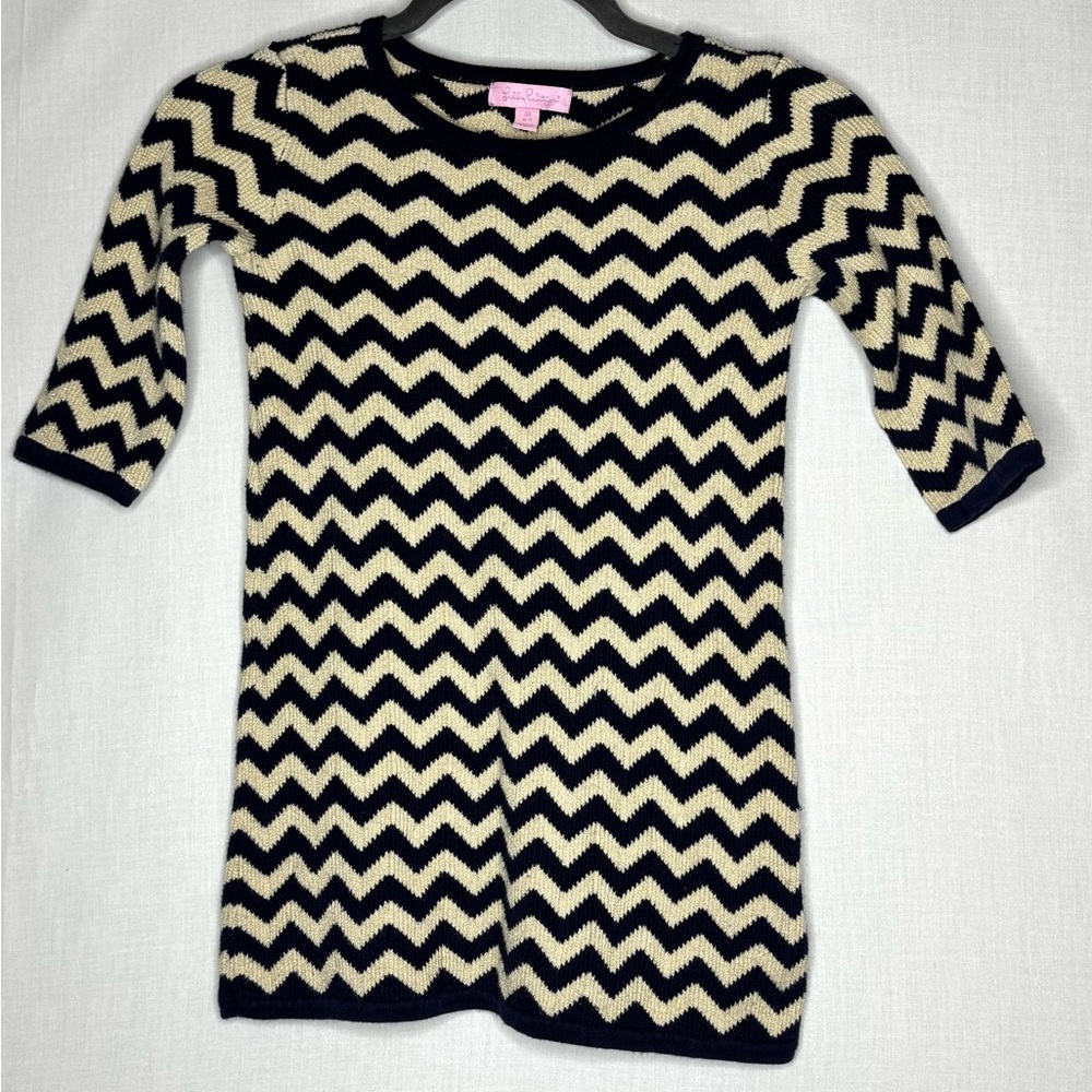 Lilly Pulitzer Girls Little Santana Dress Navy Gold Chevron‎ Sz S 6-7 Spring